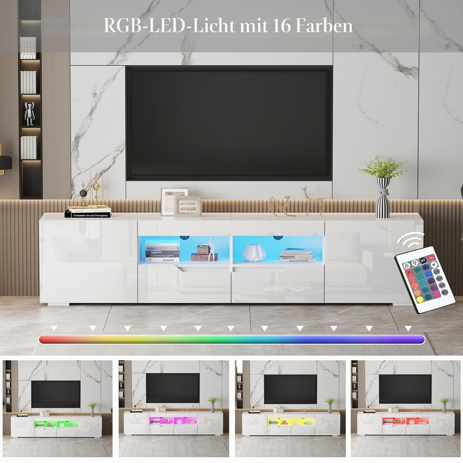 Hochglanz TV Schrank 200 cm mit 16 LED Farben – Modernes TV Lowboard für 65–85 Zoll Fernseher, TV Möbel mit 2 Schubladen & Schränken, Griffloses TV Board für Wohnzimmer (Weiß)