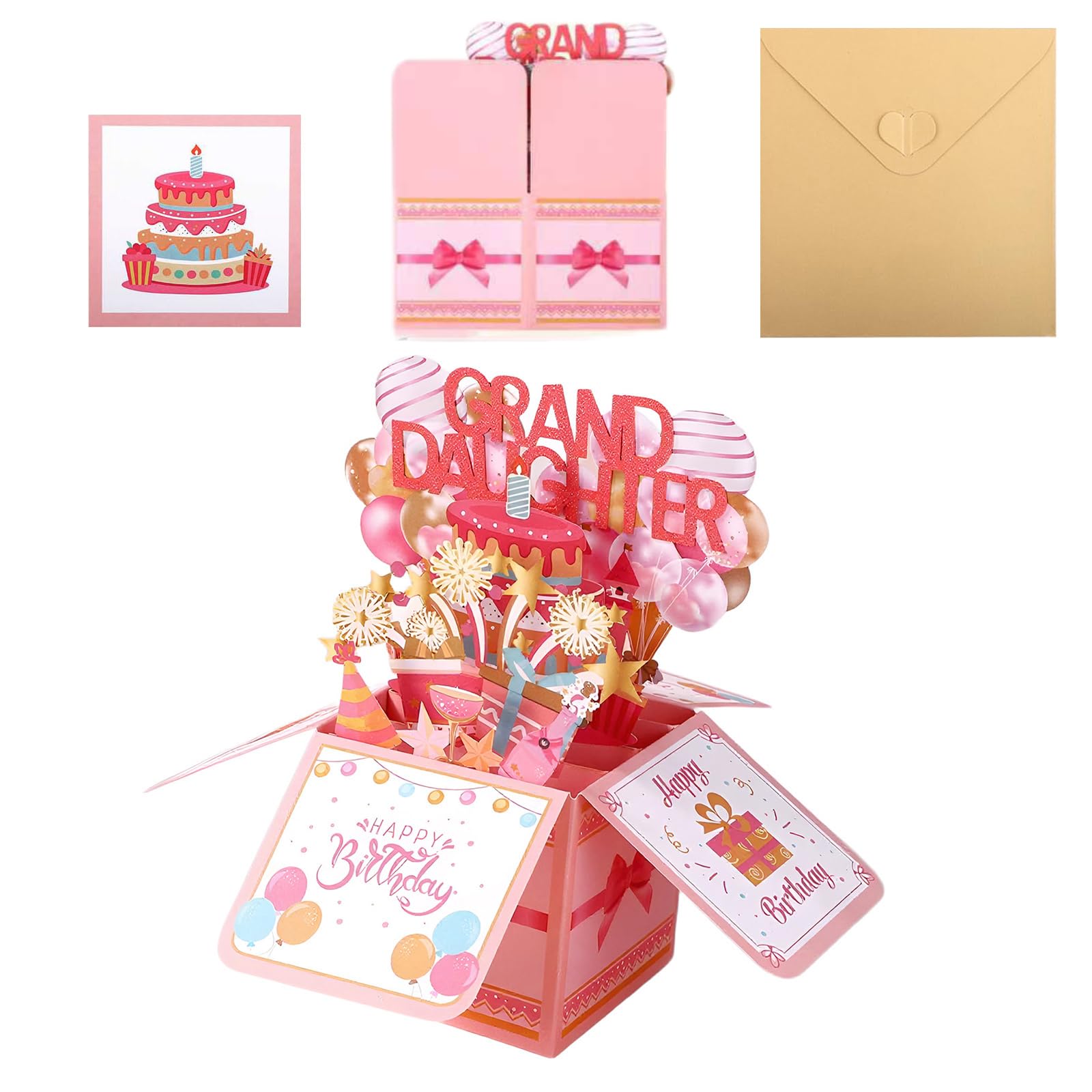 JJBAOER Granddaughter Birthday Card, 3D Fireworks & Balloons Pop Up Greeting Card with Envelope & Blank Note, Happy Birthday Gifts from Grandparents for Girls