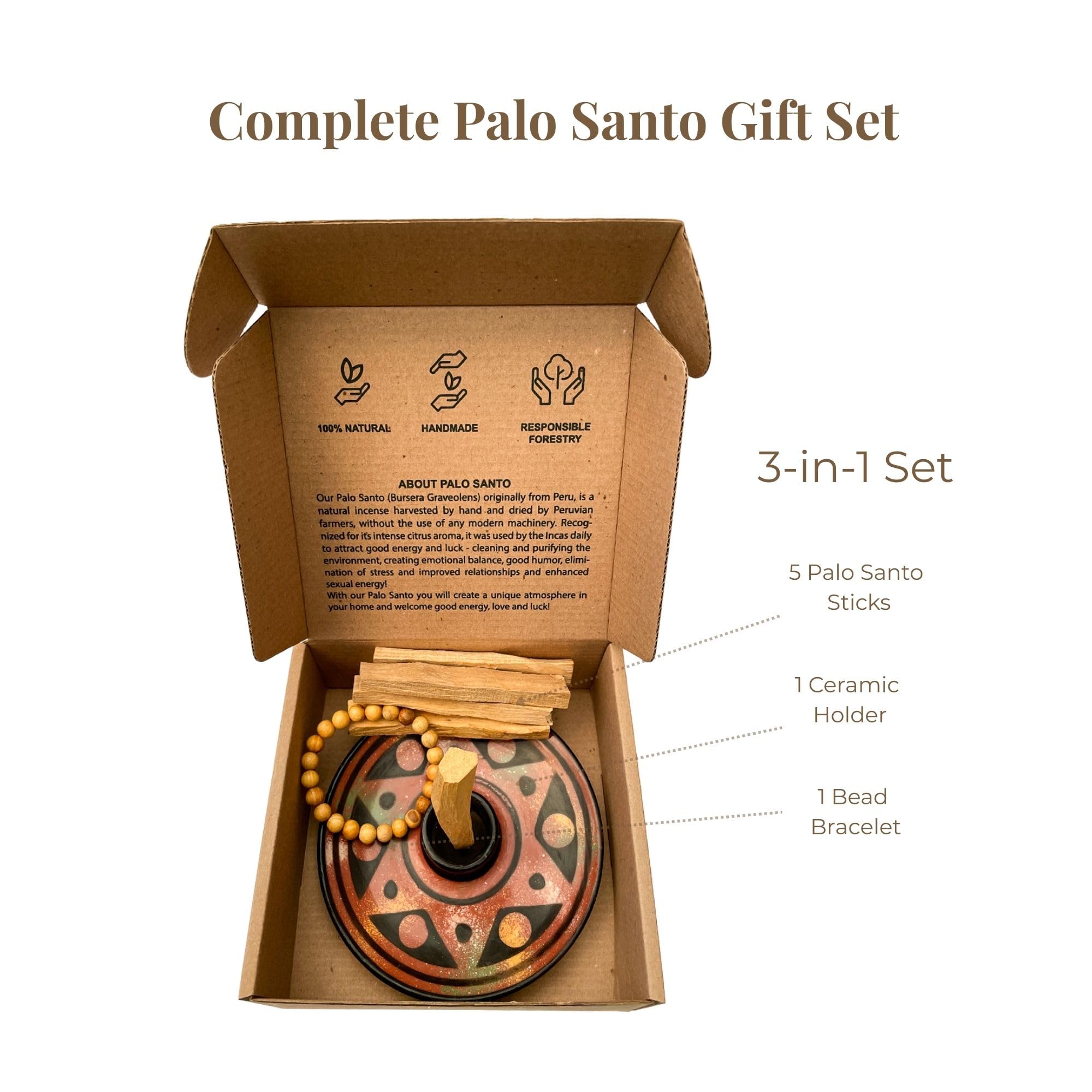 / Energy Box: Porta ceramica autentica per Palo Santo di Chulucanas Perù + 5 bastoncini di Palo Santo + 1 braccialetto Palo Santo. Altamente aromatico. Pulizia spirituale. Fatto a mano