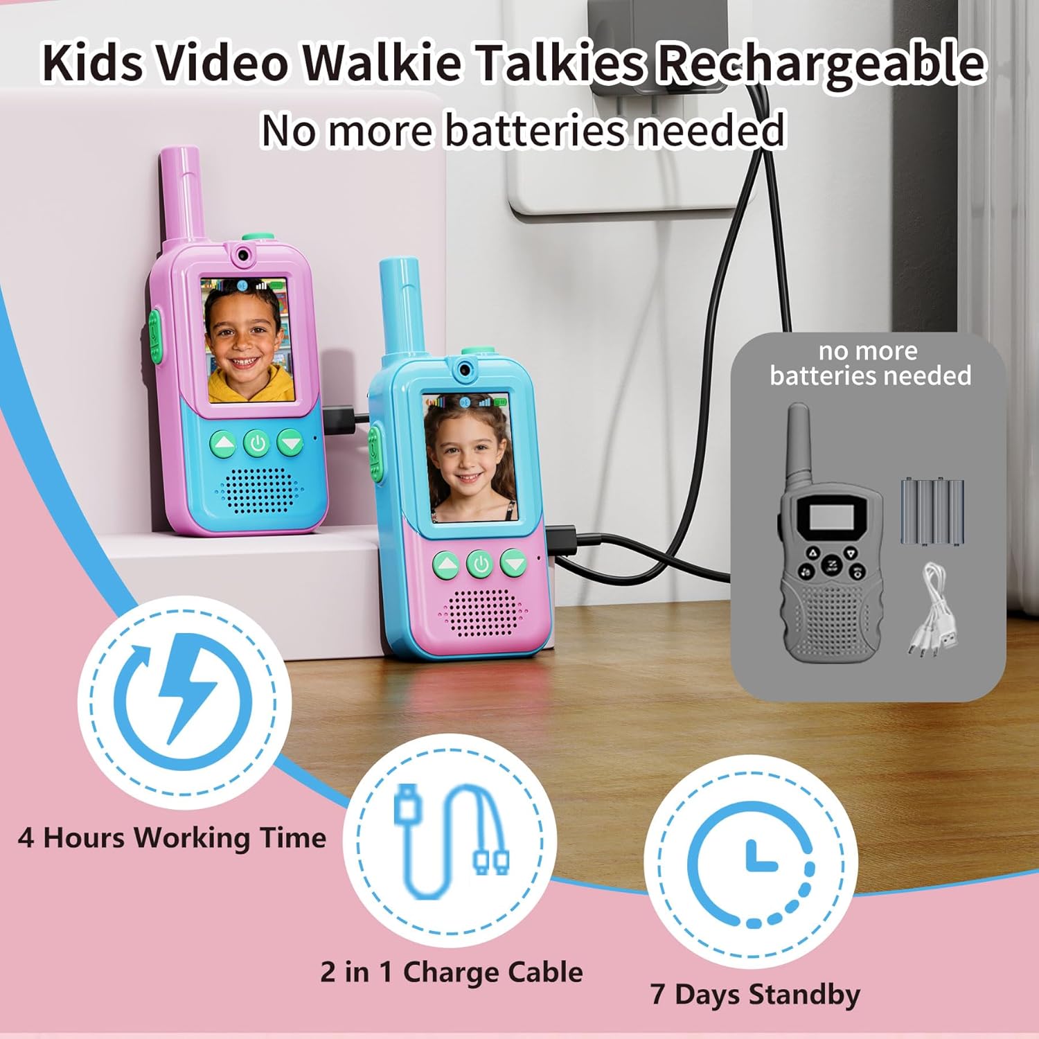 Video Walkie Talkies for Kids 2 Pack,Outdoor Toys for 3-12 Year Old Girls Boys Up to 500ft Range,Rechargeable Kids Walkie Talkies with HD Camera&4 Voice Changer for Camping Hiking Adventure(Blue Pink)