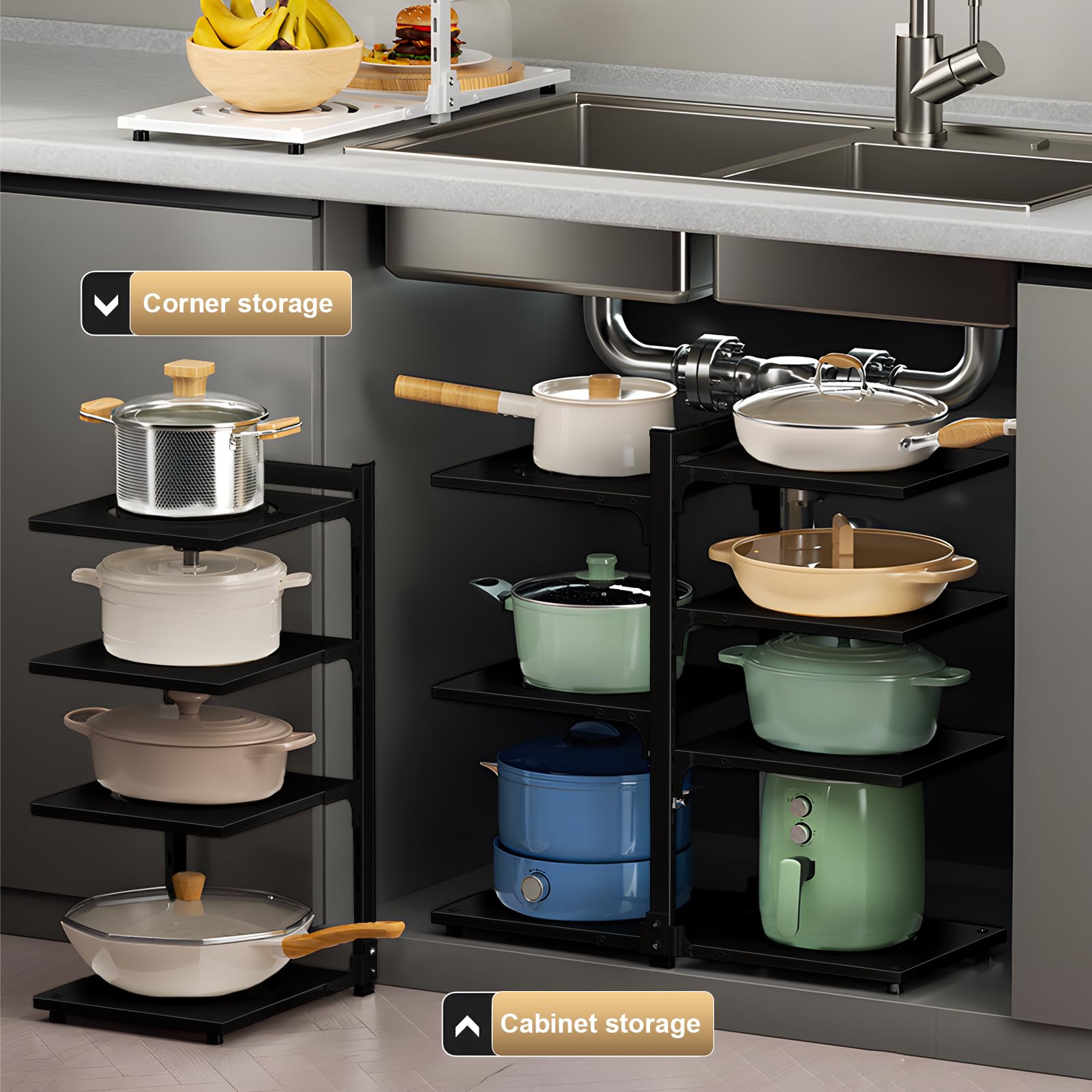 Contenitore casseruola cassetto cucina, gamma casseruola con 7 scomparti regolabili, porta pentola estensibile per utensili da cucina, pentole, coperchi