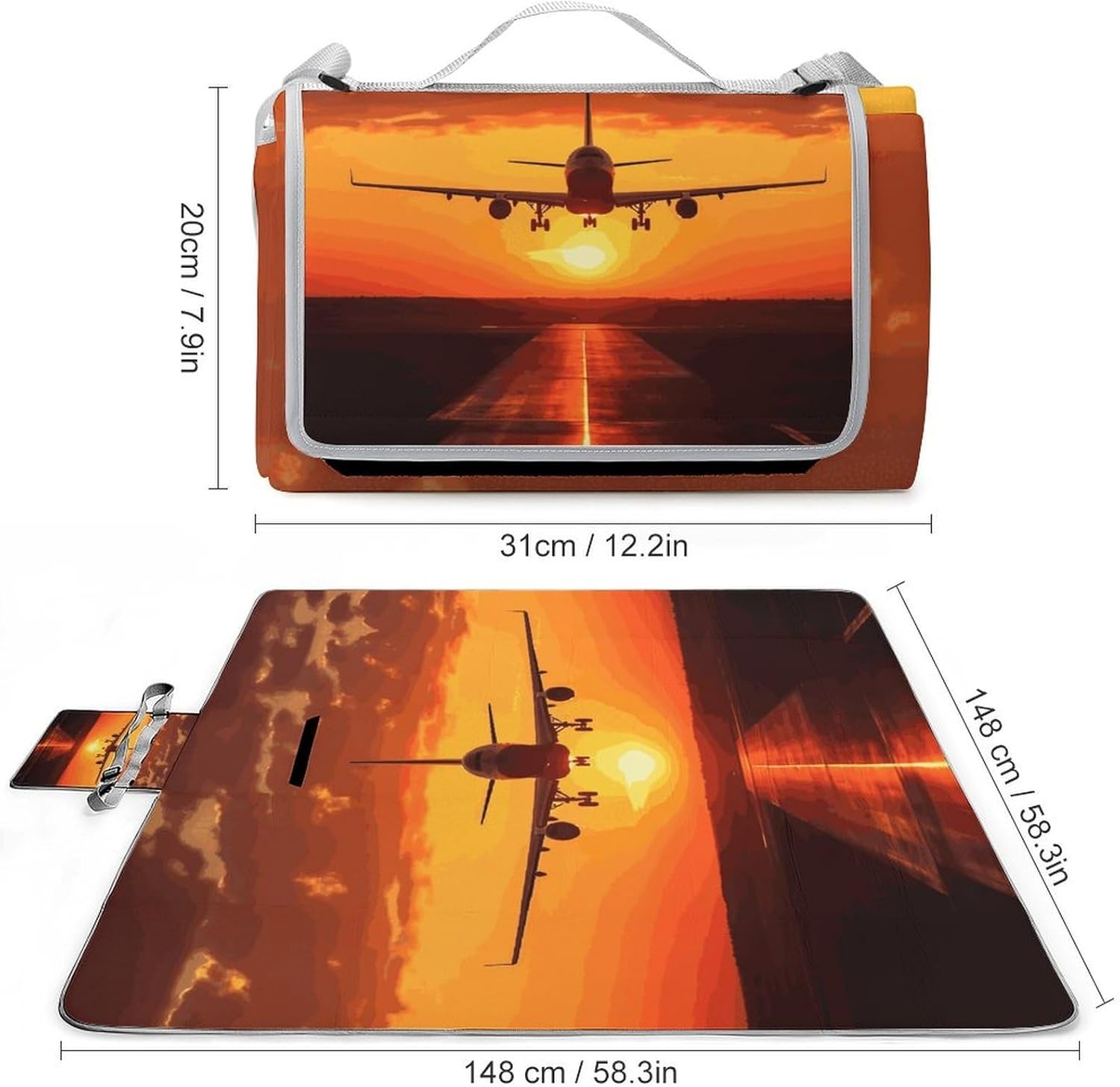 Airplane Sunset Waterproof Picnic Blanket 58.3''x58.3'',Portable and Foldable Picnic Mat with Handle,Outdoor Blankets for Lawn Park Beach Travel