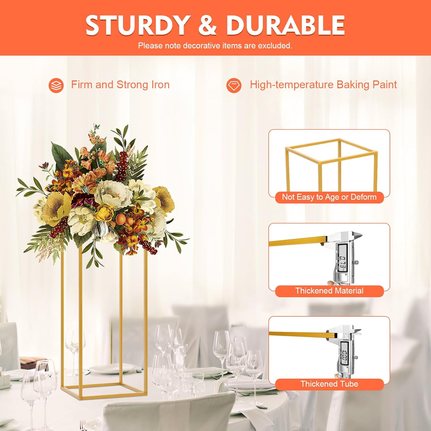 10Pcs 23" Gold Geometric Flower Stands for Wedding Decorations, Metal Vase Column Stands for Events, Parties, Home Décor – Elegant and Stable Design