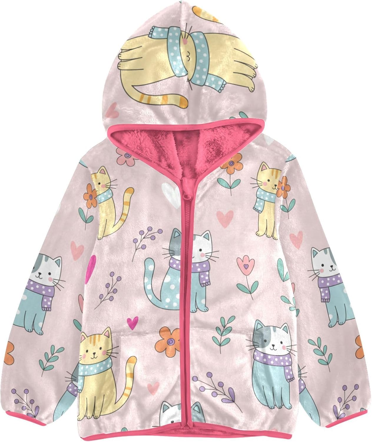 ALAZA Lovely Cat Floral Hoodie Jacket for Girls Toddler Fleece Zip Up Coat Plush Jacket Long Sleeve Outerwear for 3 Years