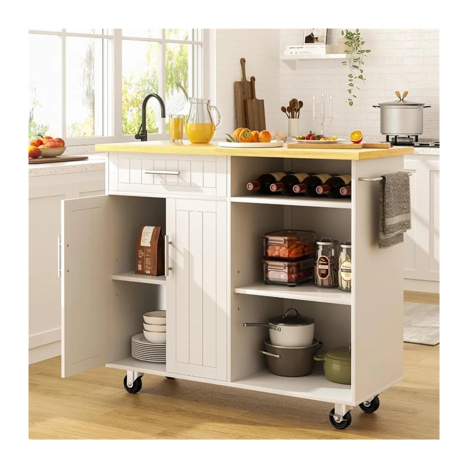 Isola Cucina Moimhear Con Piano Estraibile | Carrello Portatile Con Ruote E Ante Scorrevoli | Bianco