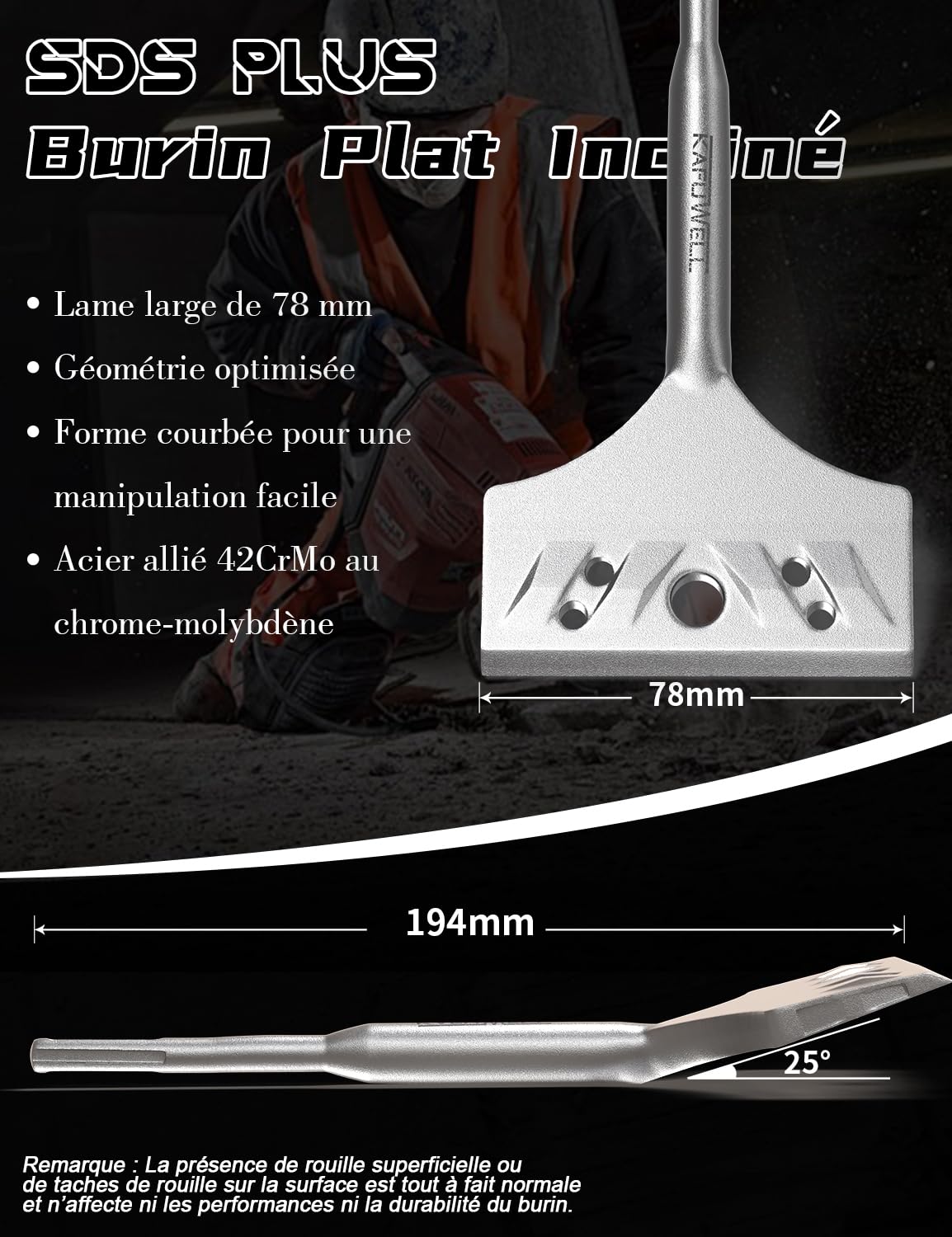 Burin SDS Plus Coudé, 194 x 78 mm, Burin Carrelage de Qualité Industrielle 42CrMo, Burin Plat pour Enlever Carrelage et Colle, Design Innovant à Trous et Rainures de Refroidissement