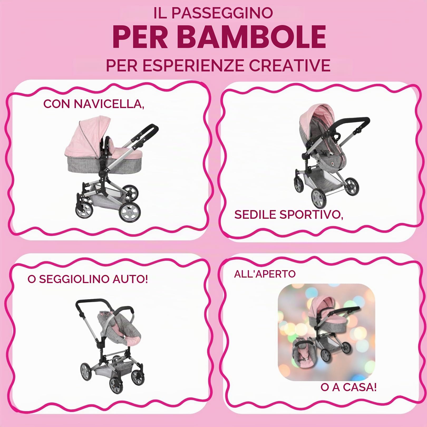Bayer Chic 2000 - Passeggino per bambole Linus, passeggino combinato 3 in 1 per bambini dai 4 agli 8 anni, set passeggino per bambole, grigio melange, rosa, 72 x 41,5 x 82 cm