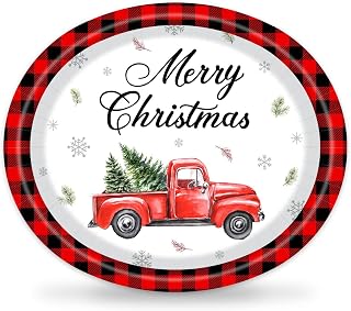 50 Pcs Christmas Oval Plates 10" x 12" Large Disposable 400 GSM Red Truck Trees Xmas Paper Plates for Winter Holiday Party Dinnerware Supplies Kitchen Table Decor
