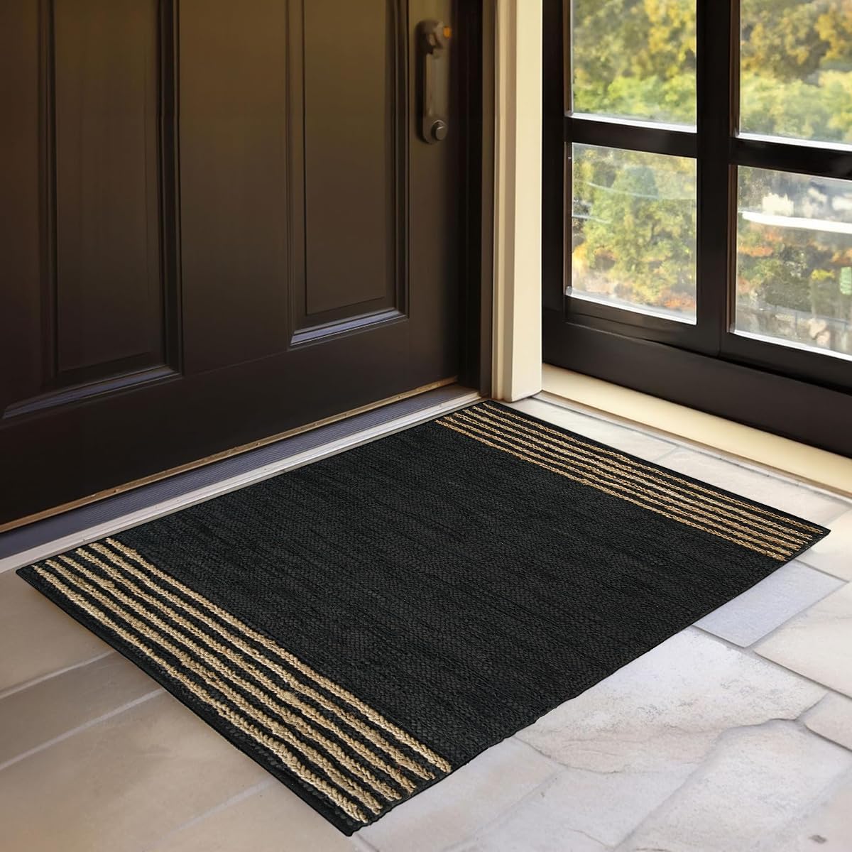 GRUHUM Jute Area Rug 3x5ft- Natural Fibre Black Rectangular Leather Handwoven Boho Farmhouse Soft Braided Rustic Vintage Indoor EcoFriendly Livingroom Bedroom Kitchen Hallways Enterways Doormat 3x5 ft 3' x 5' (Rectangular) Natural Black- 20