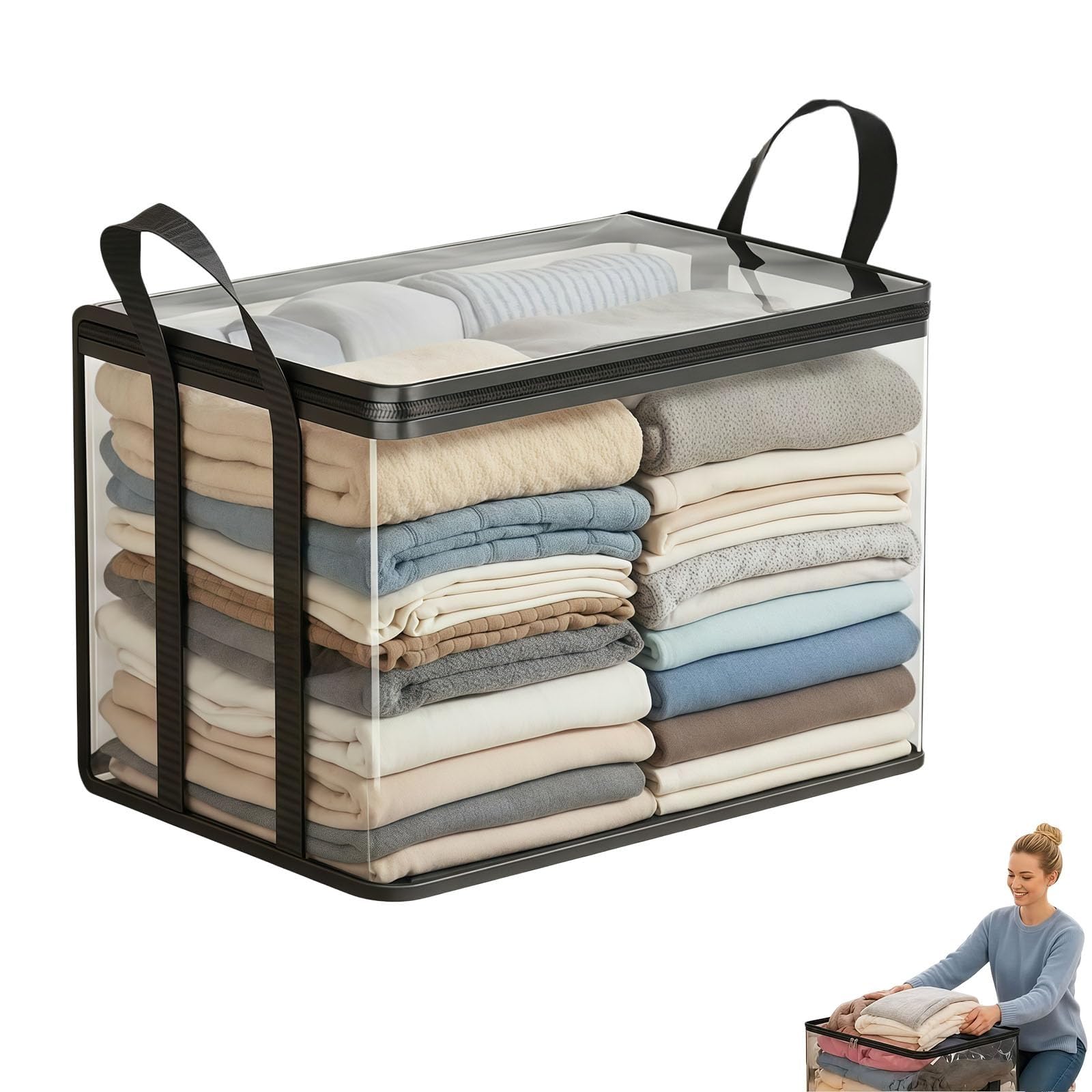 RKOWIVV Large Heavy-Duty Thick Plastic Clear Storage Bag - Foldable Clear Moving Bag with Reinforced Handles, Zipper Lid, Stackable Waterproof Storage Tote for Dorm & Home (Black,2 Pcs)