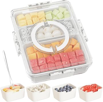 Snackle Box Container,Divided Serving Tray with Lid and Handle,7 Portable Compartment Travel Snack Box for Candy Fruits Nuts Veggie for Road Trip Party Picnic