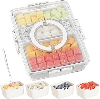 Snackle Box Container,Divided Serving Tray with Lid and Handle,7 Portable Compartment Travel Snack Box for Candy Fruits Nuts Veggie for Road Trip Party Picnic (1 Pack-Dishwasher Safety)