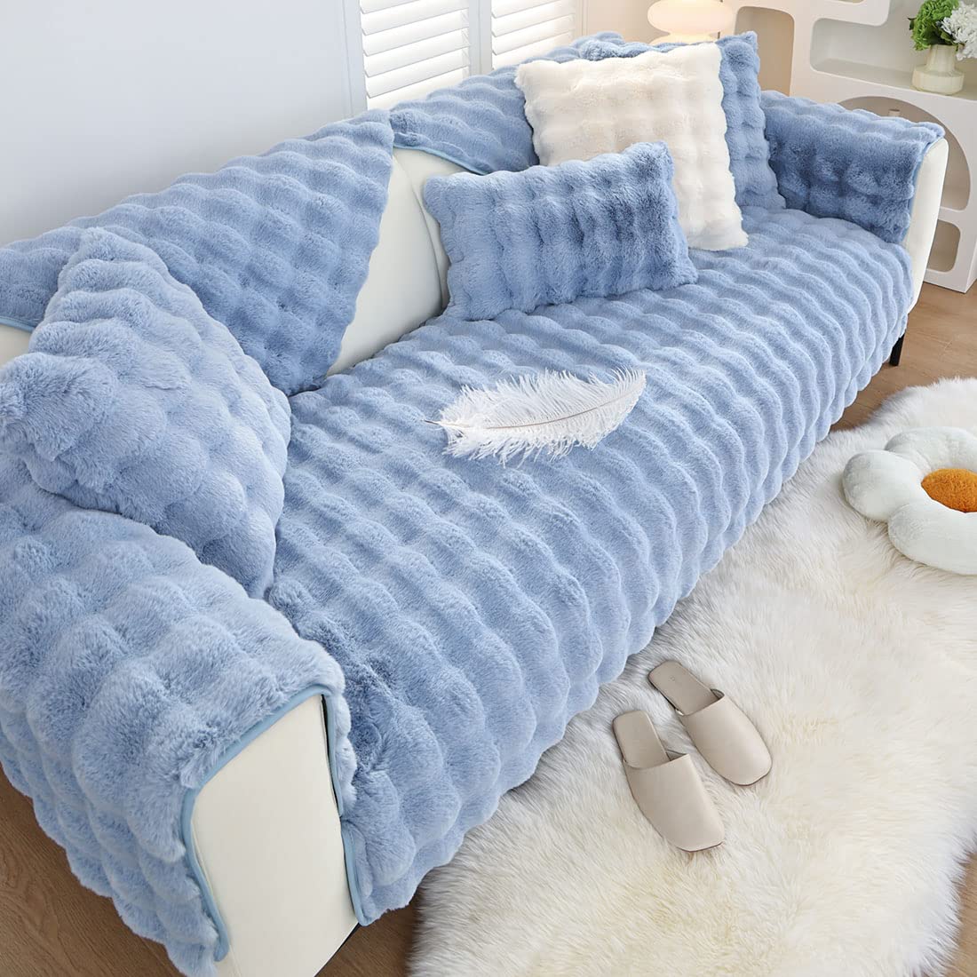XSlive Soft Warm Faux Fur Couch Sofa Cover Thick Shaggy Fuzzy Sectional Couch Cover Non-Slip Solid Color Plush Sofa Slipcover Furniture Protector for