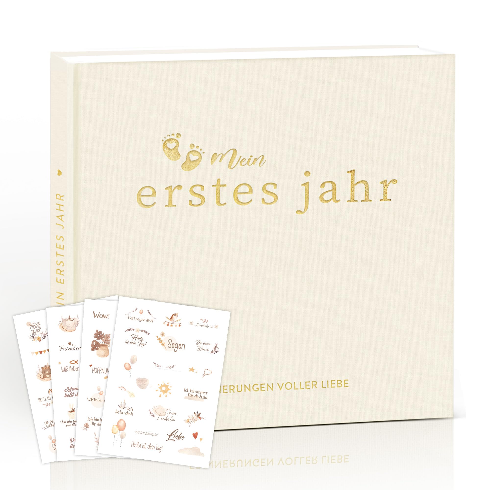 Baby Erinnerungsbuch – Mein erstes Jahr | 84 Seiten Babyalbum zum Ausfüllen | Meilensteine, Fotos & Erinnerungen | inkl. Sticker | Geschenk zur Geburt für Jungen & Mädchen | Leinenoptik mit Goldprägun