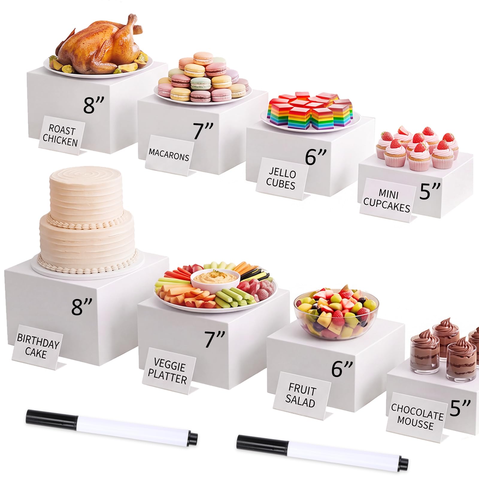 Marsui 18 Pcs Buffet Risers Set, 8 White Acrylic Stand, 8 Signs, 2 Markers