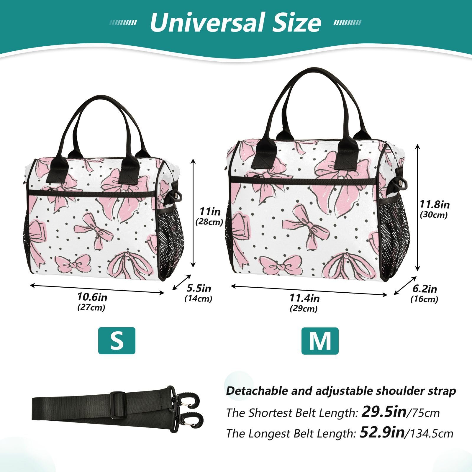 Lonfliness Pink Bow Insulated Lunch Bag - Large Coquette Style Tote With Adjustable Strap, 9x9x4.3 In