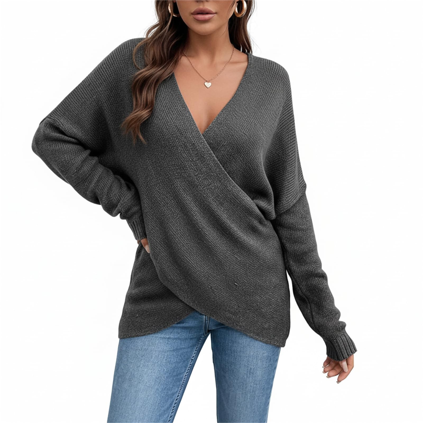 Womens Criss Cross V Neck Sweater Wrap Knitted Solid Color Oversized Cozy Pullover Sweater Jumper