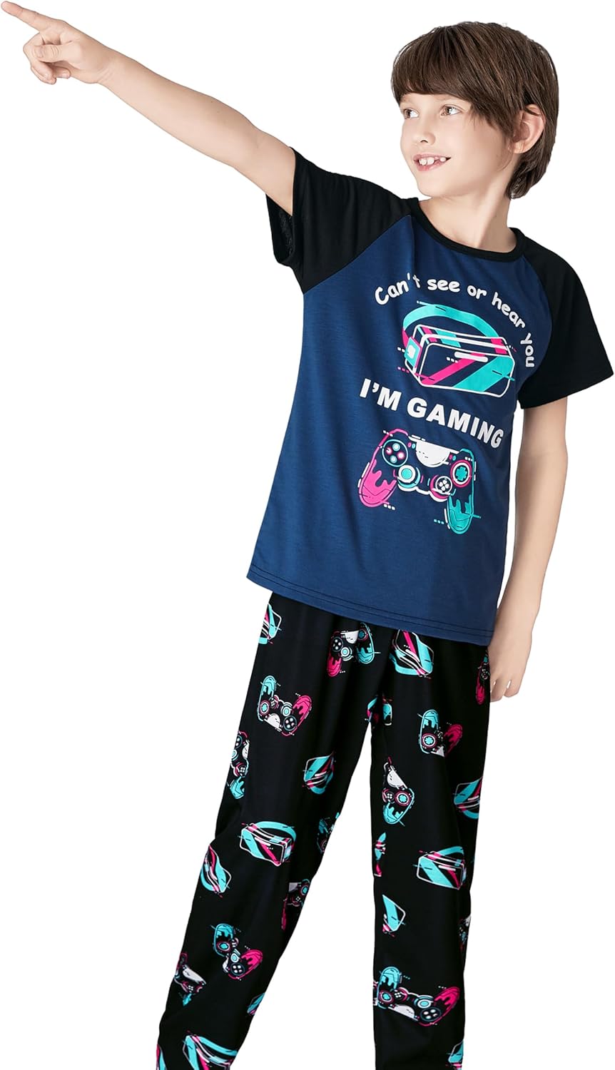 Tebbis Boys' Pajamas Set - Soft 2-Piece Short Sleeve & Pants PJs with Gamer Design for Kids Size 6-18 - Image 3
