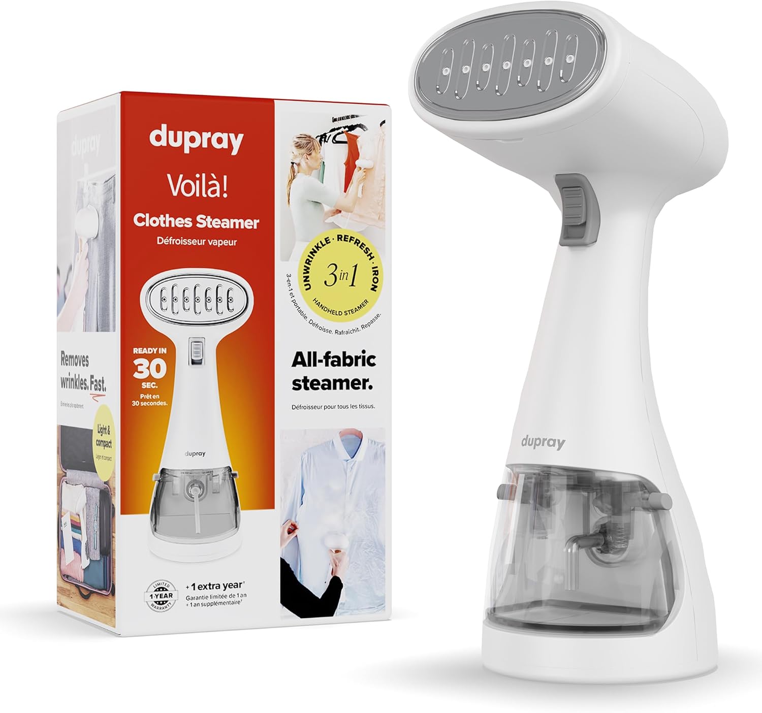 Dupray Voila 3-in-1 Clothes Steamer, Portable Handheld Garment Steamer, Heated Stainless Steel Plate, 30-Second Heat-Up, Portable Travel Steamer for Fabrics