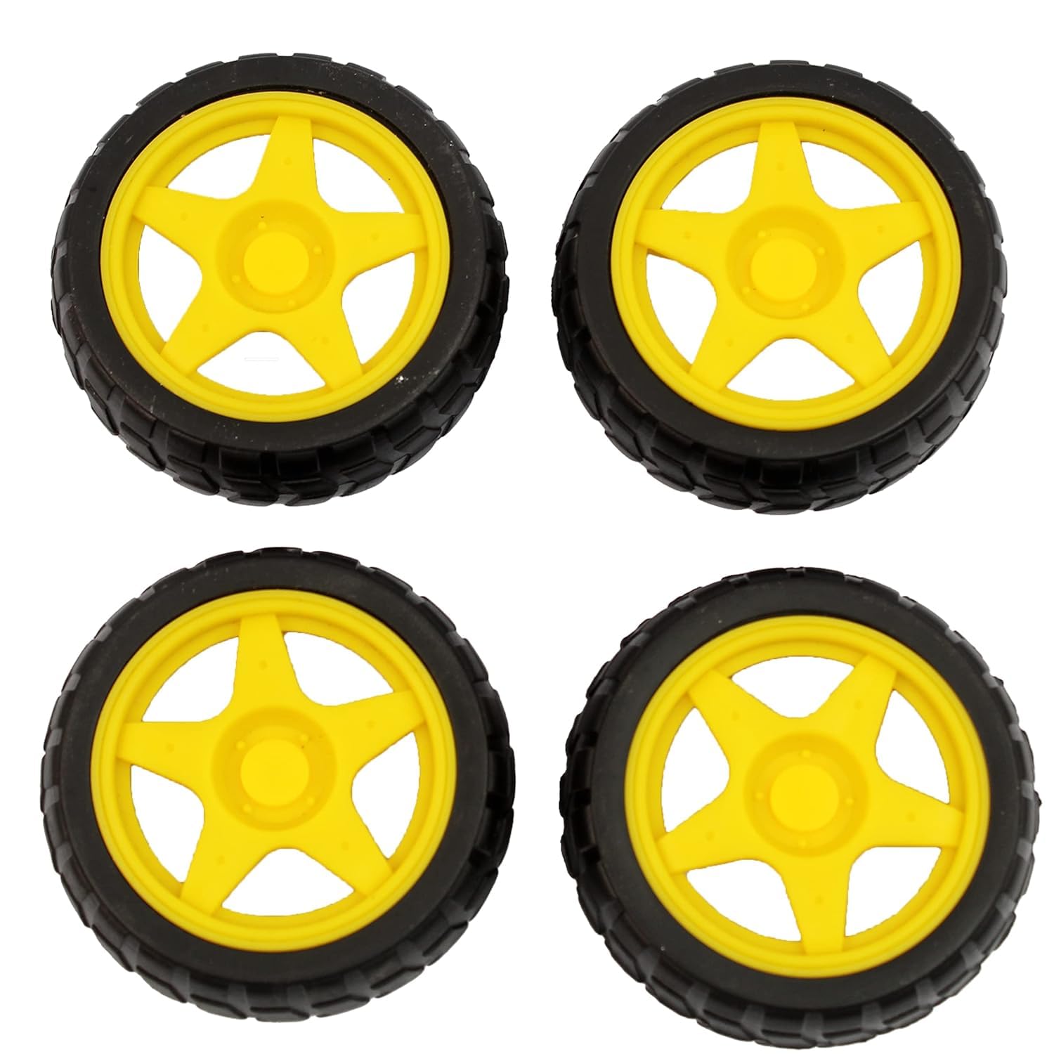 UNIVERSAL HUB 65 MM GEAR MOTOR TYRE/WHEEL, TYRE FOR TOY CAR, BO MOTOR, DC GEAR MOTOR TYRE, RUBBER TYRE, YELLOW WHEEL PACK OF 4
