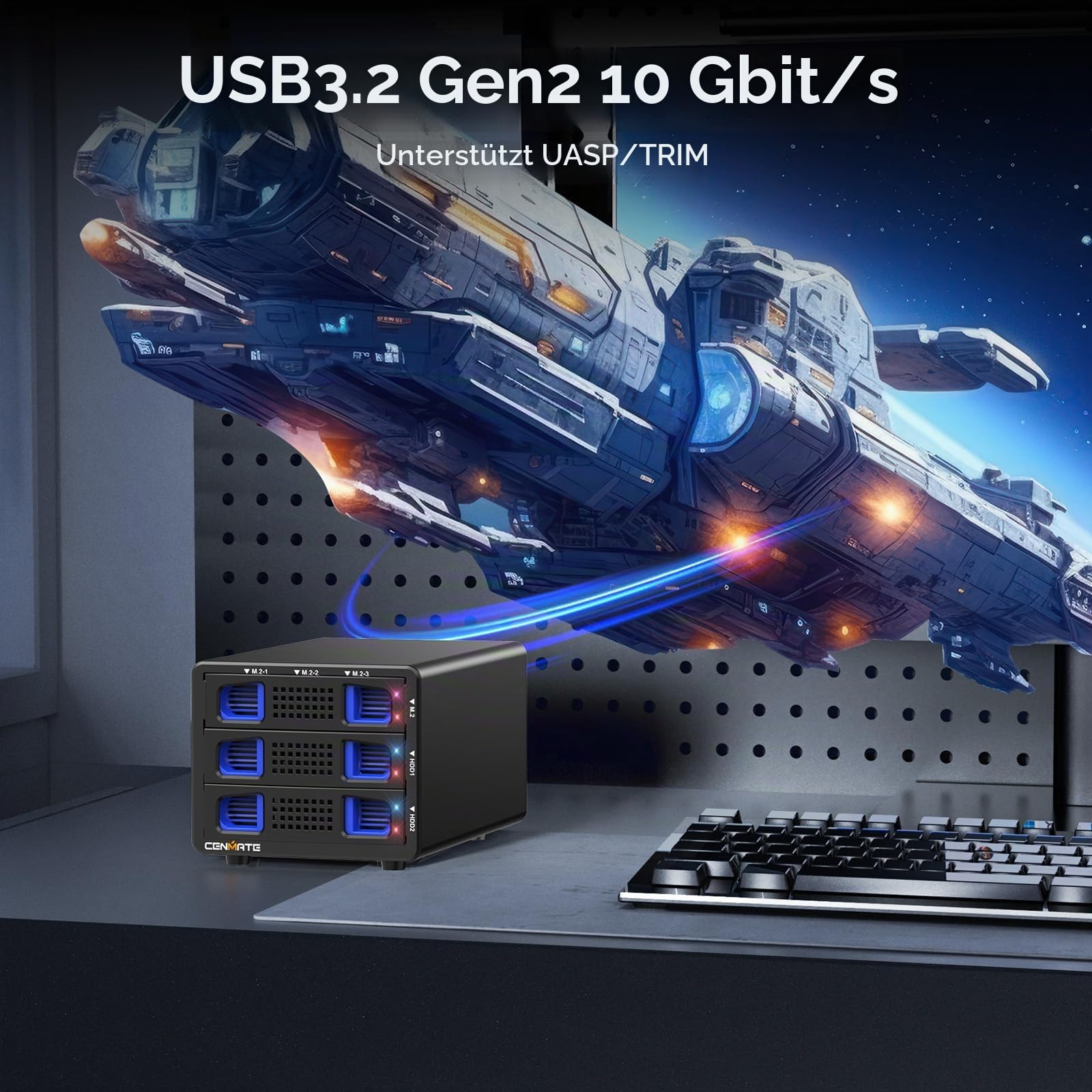 CENMATE Hybrid 5 Bay 3.5/2.5" SATA HDD/SSD + M.2 NVMe Gehäuse mit Lüfter, USB3.2 Gen2 10Gbps Festplattengehäuse unterstützt M / B+M Key 2230/42/60/80/110 SSD