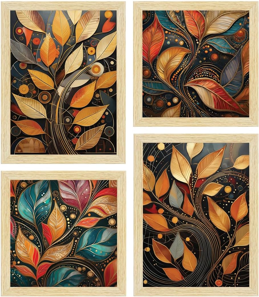 Paper Golden Mystic Leaves Art PaintingsWith Frame for Home Decor, Wall Painting for Living Room, Multicolor, Set of 4