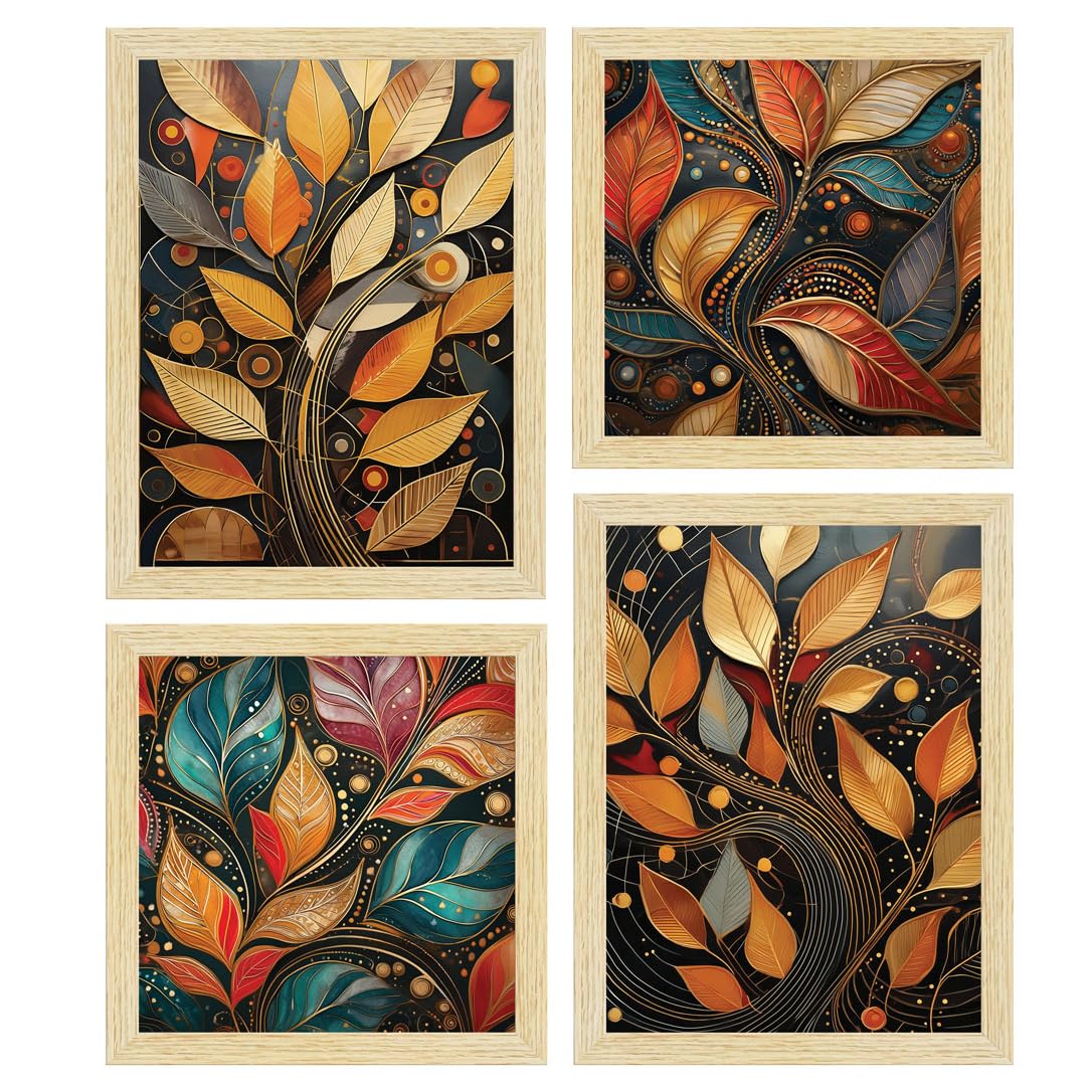 ArtX Paper Golden Mystic Leaves Art PaintingsWith Frame for Home Decor, Wall Painting for Living Room, Multicolor, Set of 4