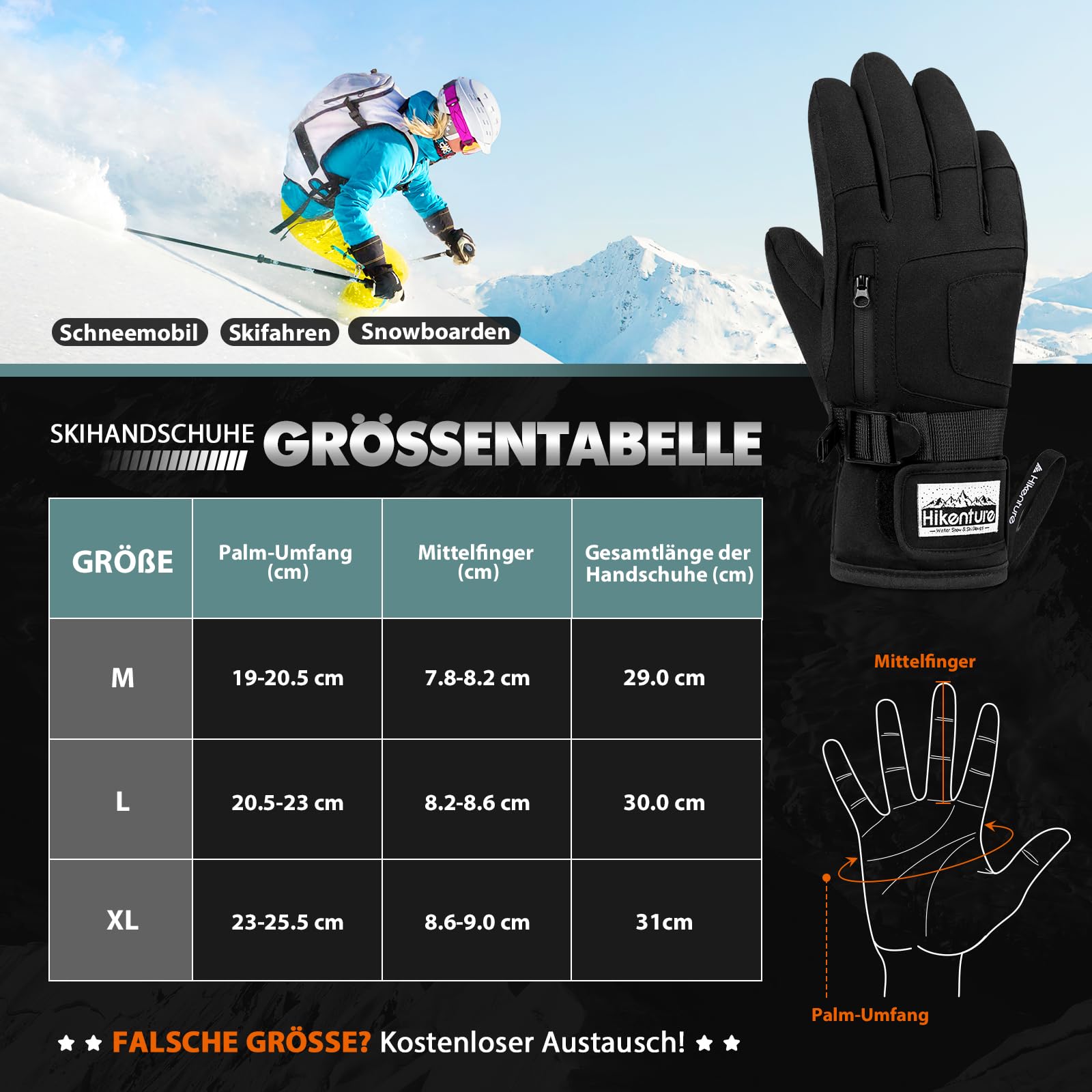HIKENTURE Winterhandschuhe Herren Damen, 3M Thinsulate Skihandschuhe, wasserdichte Handschuhe Winter Warm, Winddichte Touchscreen Snowboardhandschuhe für Skifahren, Radfahren, Motorrad, Laufen