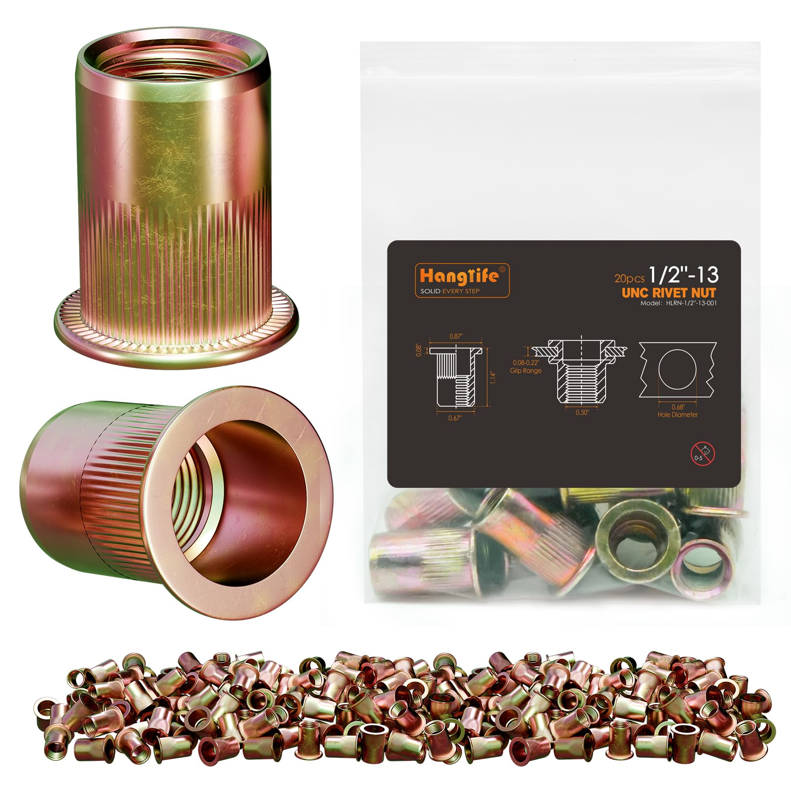 HANGLIFE Rivet Nut, 1/2"-13 UNC SAE Rivnut - Flat Head Nutserts, Zinc-Plated Carbon Steel Knurled Body Threaded Insert Nuts, 20 Pieces