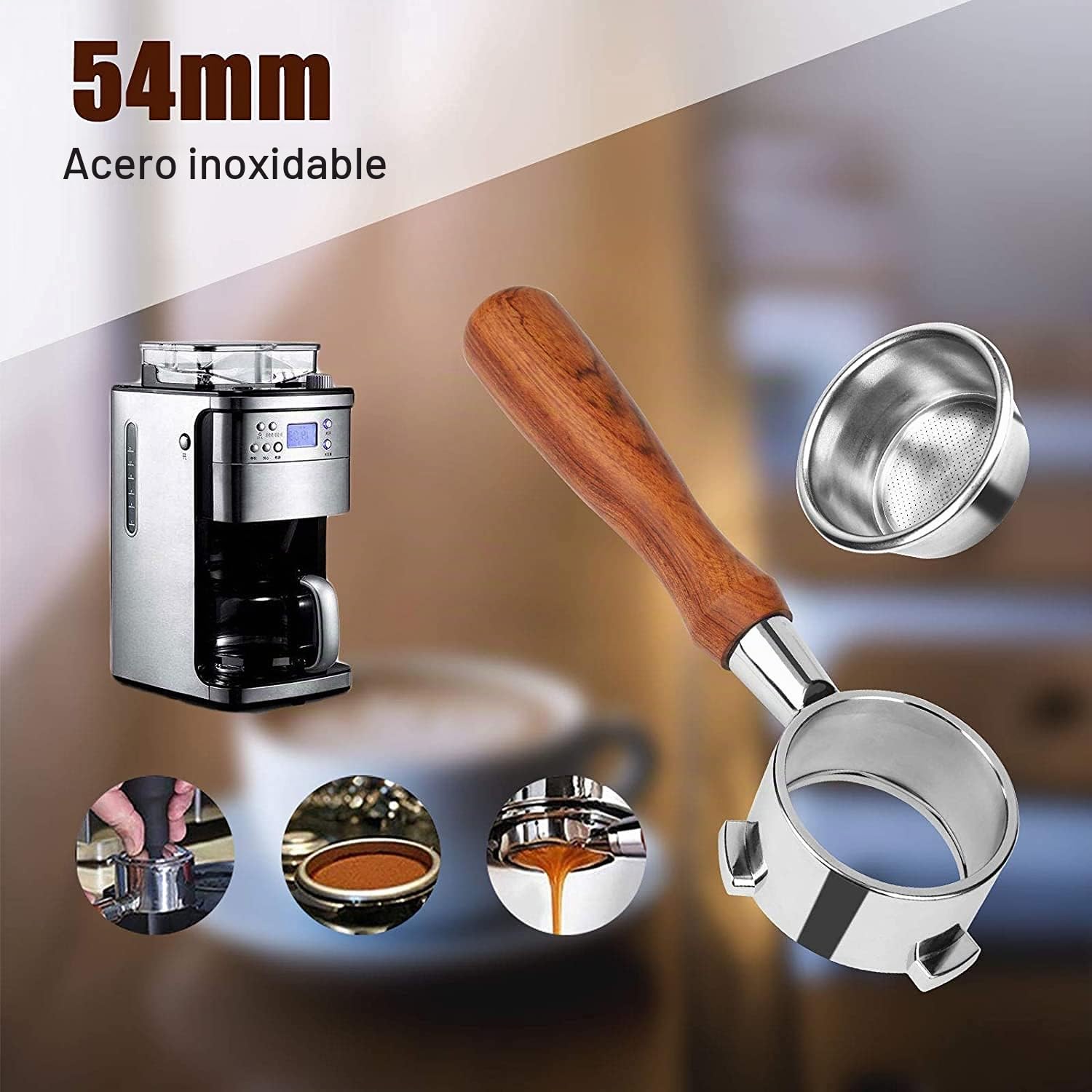 Portafiltro sin fondo 54 mm Compatible Sage/Breville Barista 870/878/880, asa de madera