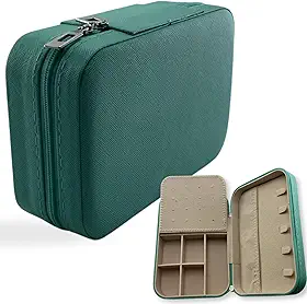 Caixa Organizadora de Joias para Viagem com Divisórias I Porta Joias para Bijuterias I Porta Anéis Brincos Colares Pulseiras I Couro PU Portátil I Three Brothers (Verde)