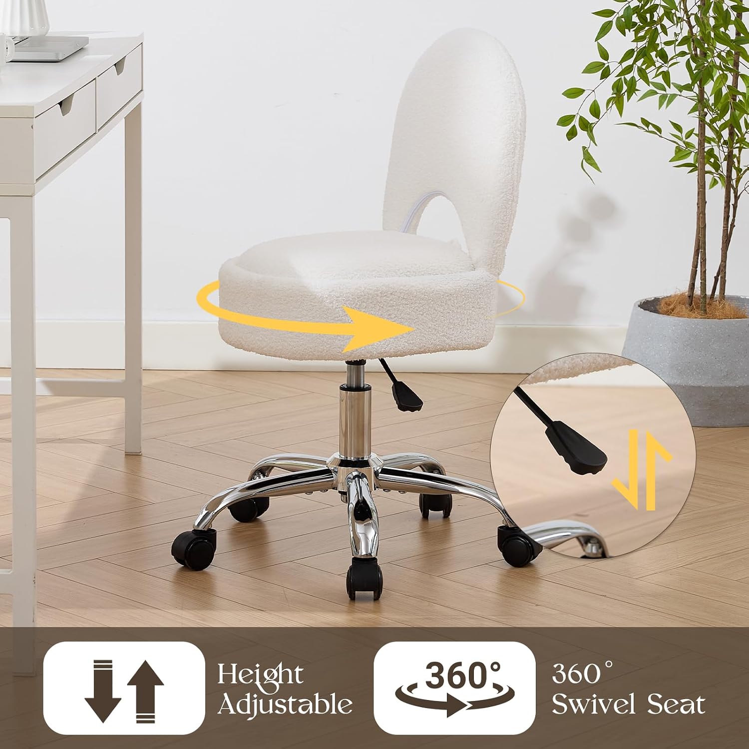 Home Office Chair Fold Swivel Vanity Chair with Storage Back Wheel