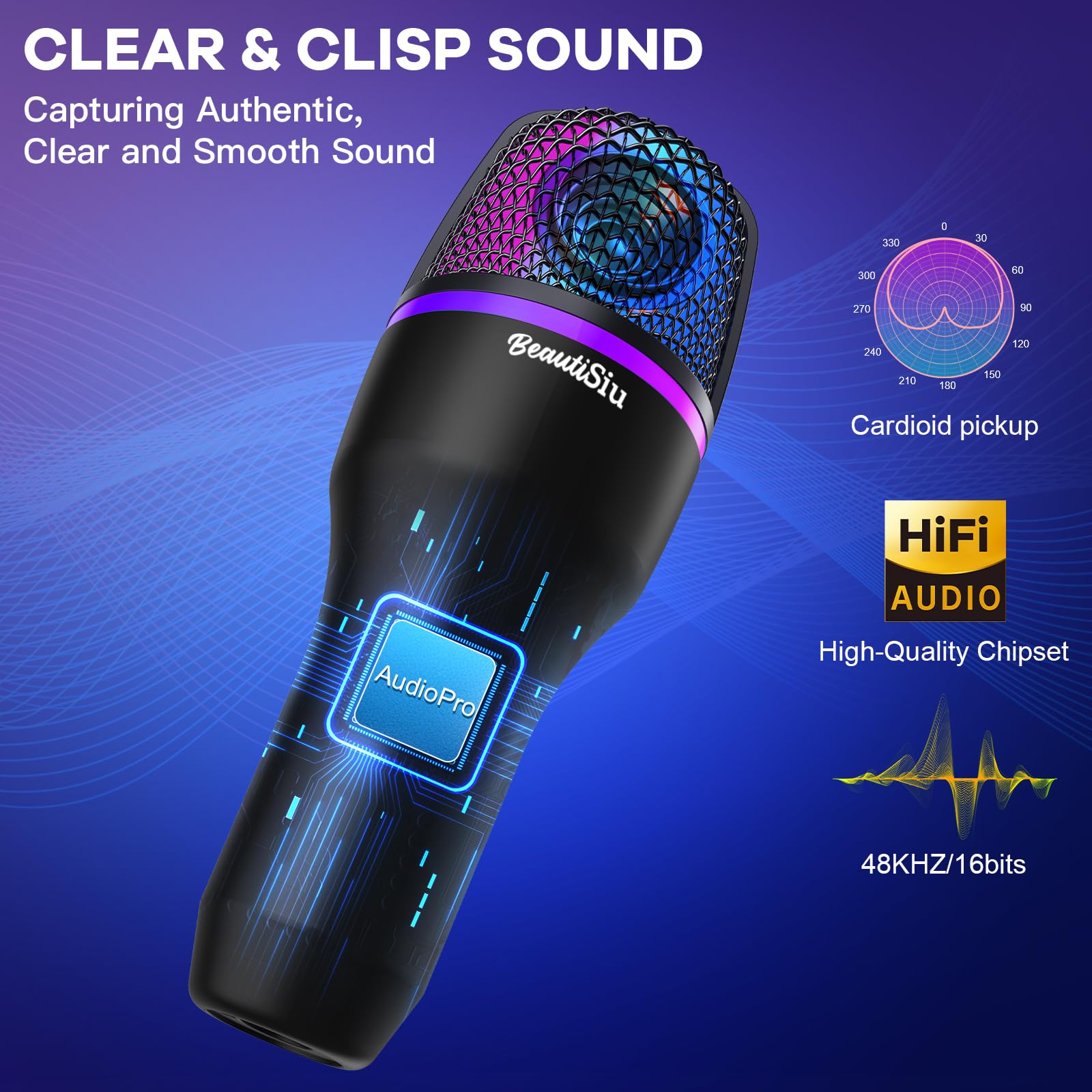 Microfono USB da gioco per PC - Microfono a condensatore RGB con treppiede, filtro pop, per streaming, podcast, chat online e videoconferenze