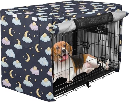 Cartoon Night Sky Dog Crate Cover Waterproof Heavy Duty Pet Kennel Covers with Mesh Windows for Wire Crates, 40 Inch Dog Cage Cover