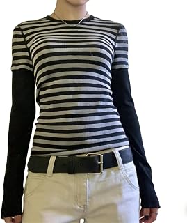 Women Y2k Crew Neck Striped T Shirt Vintage Harajuku Long Sleeve Slim Fitted Tee Top Teen Girl Going Out Fall Clothes