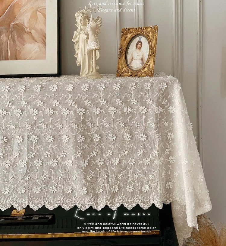 Klavier-Staubschutz, Klaviertastatur-Abdeckung, 130 x 250 cm, Retro-Staubschutz for Klavier mit weißer Spitze, Gänseblümchen-Blume, bestickt, mit Hocker-Abdeckung, halber Klavier-Abdeckung (Farbe: Gän