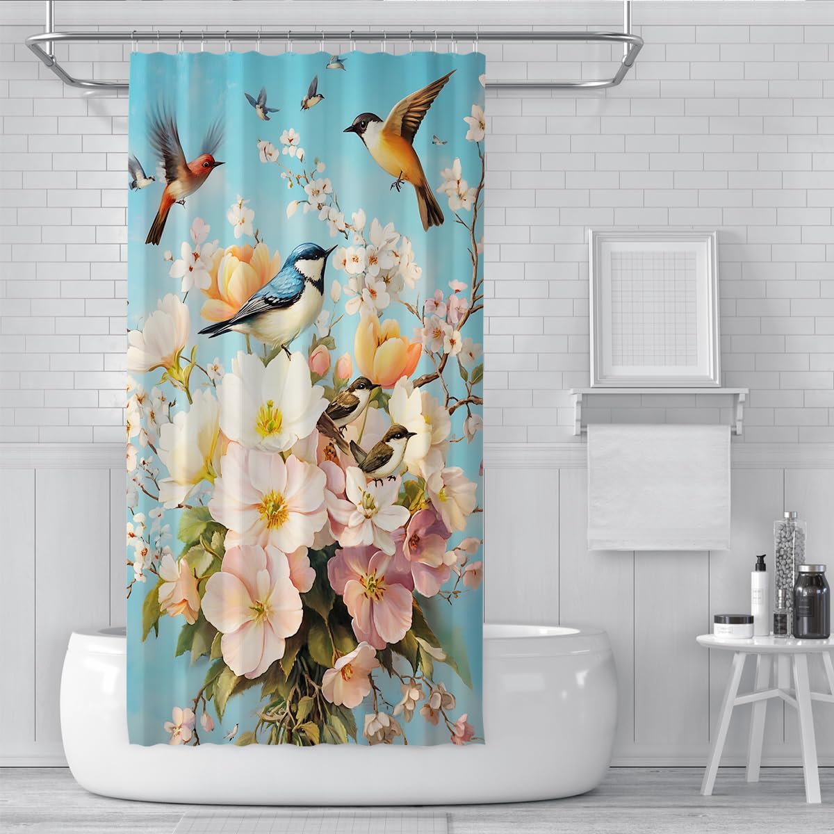Frühlingsgarten Botanik Blumen Vögel Duschvorhang W200xL200 cm