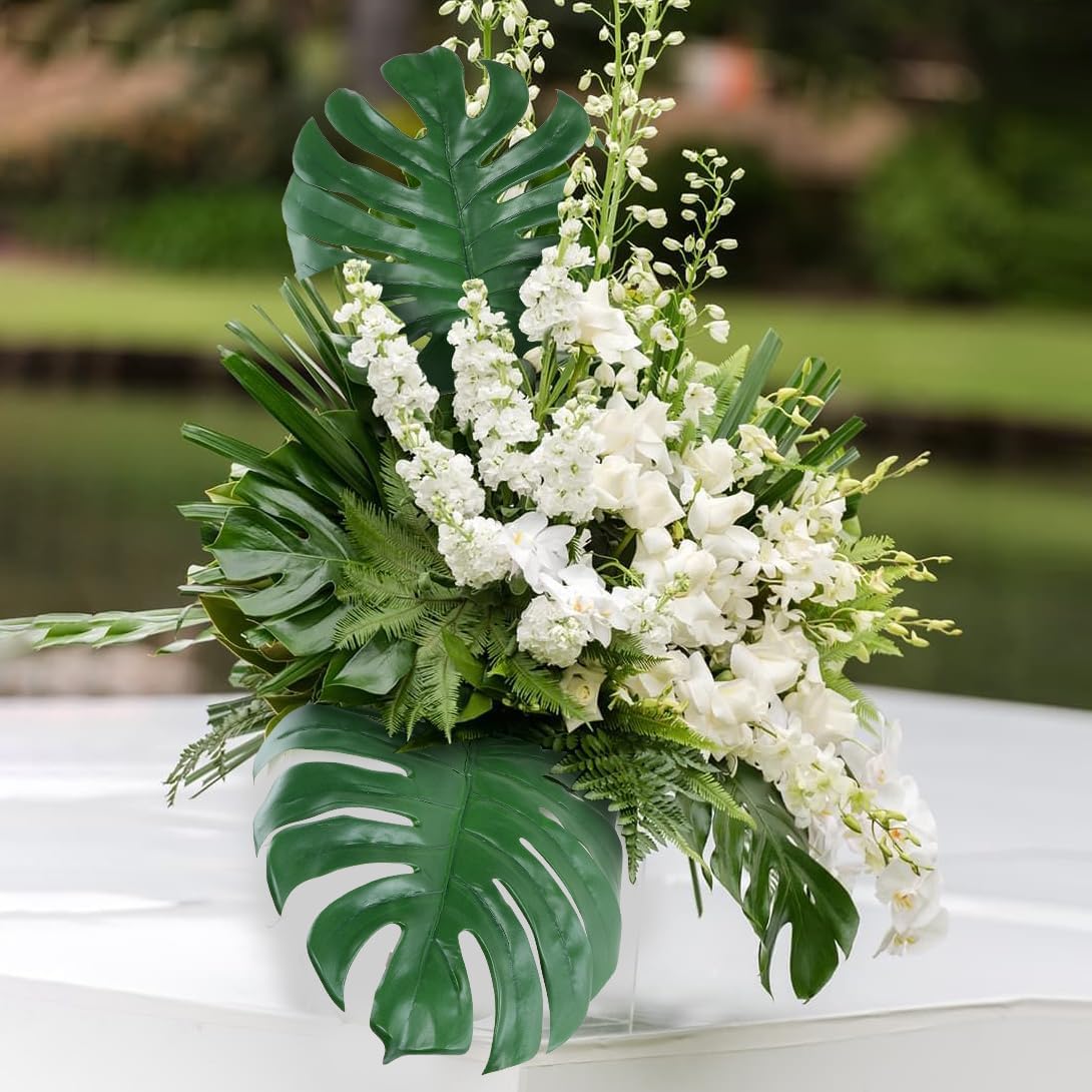Artificial Monstera Leaves with Long Stem,Fake Tropical Palm Leaves for Hawaiian Luau Jungle Party Home Wedding Decor (4pcs Large)
