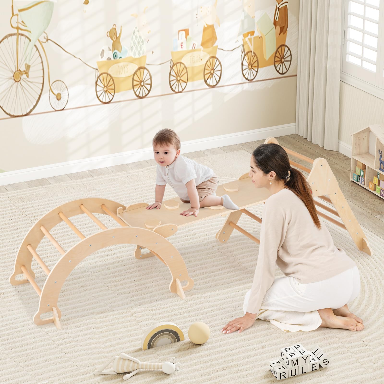 FANTASK Triangolo da arrampicata 4 in 1 con scivolo, arco da arrampicata, rampa a doppia faccia, struttura in legno per arrampicata, scivolo e altalena, montessori triangolo per i 3 anni (naturale)