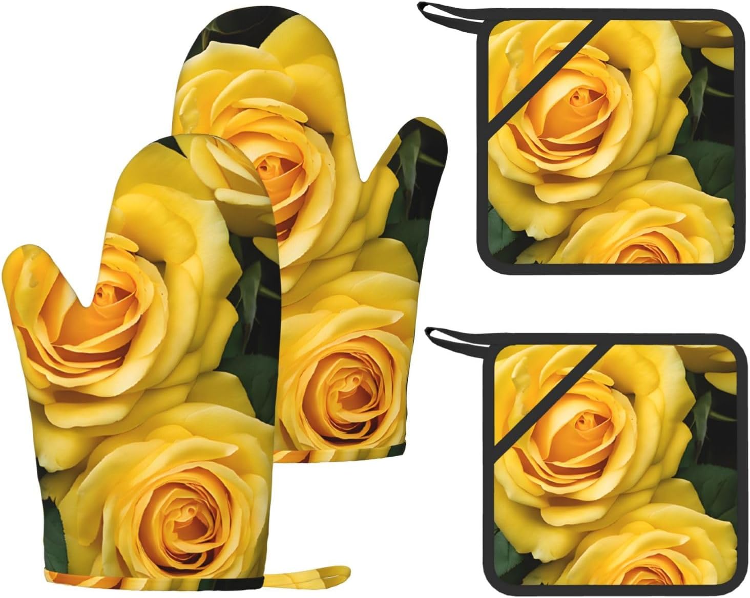 Yellow Roses 4pcs Oven Mitts and Pot Holders Sets for Kitchen, Silicone Oven Gloves Non-Slip Potholders Hot Pads for Baking Cooking