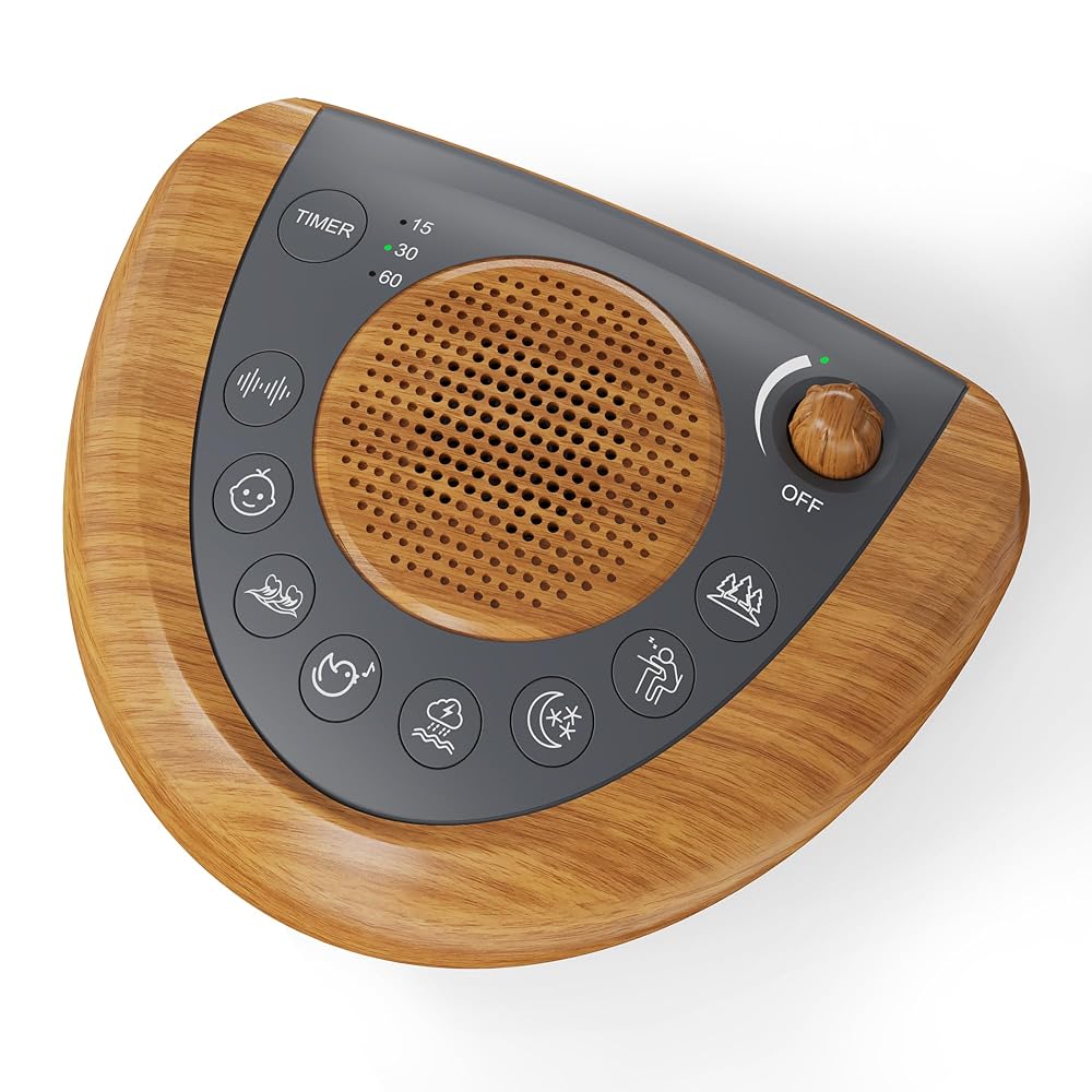 Raynic Noise Machine, Battery Powered Sound Machine, Portable Sleep Machine with 36 Natural Soothing Sounds, Timer, USB Port, Headphone Jack for Baby, Kids, Adults, Travel, Office (Yellow Wood Grain)