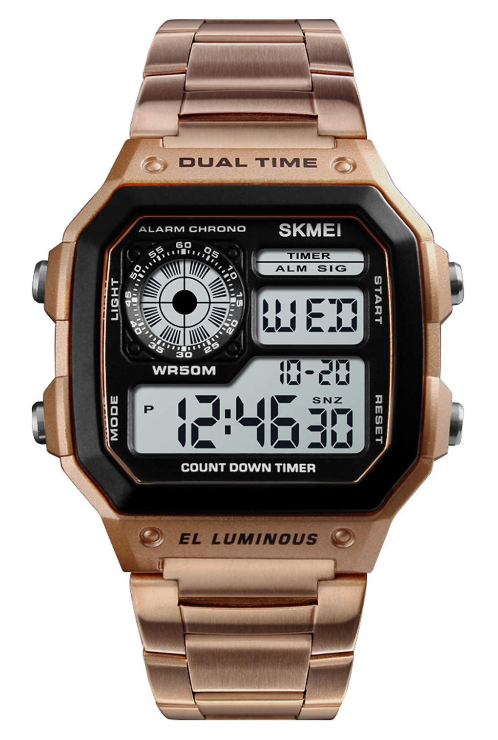 Mens Digital Watch Stainless Steel Business Watches Square Multifunctional Chronograph (Rose Gold) (B086KNNMZS) Amazon Price History, Amazon Price Tracker