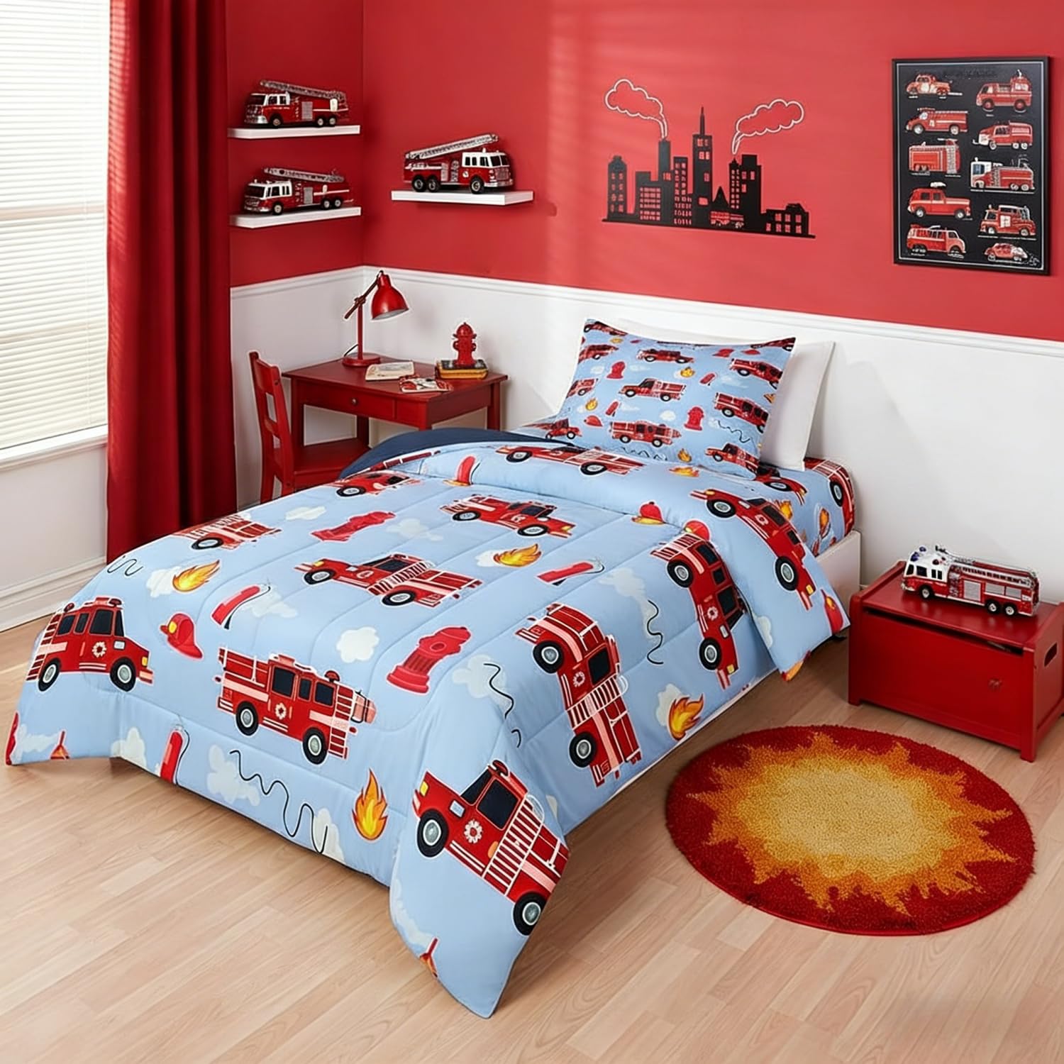 Erosebridal Red Fire Truck Toddler Bedding Set Firefighter Fire Truck Comforter for Boys Girls Kids Fighting Supplies Fireman Car Vehicle Bedding