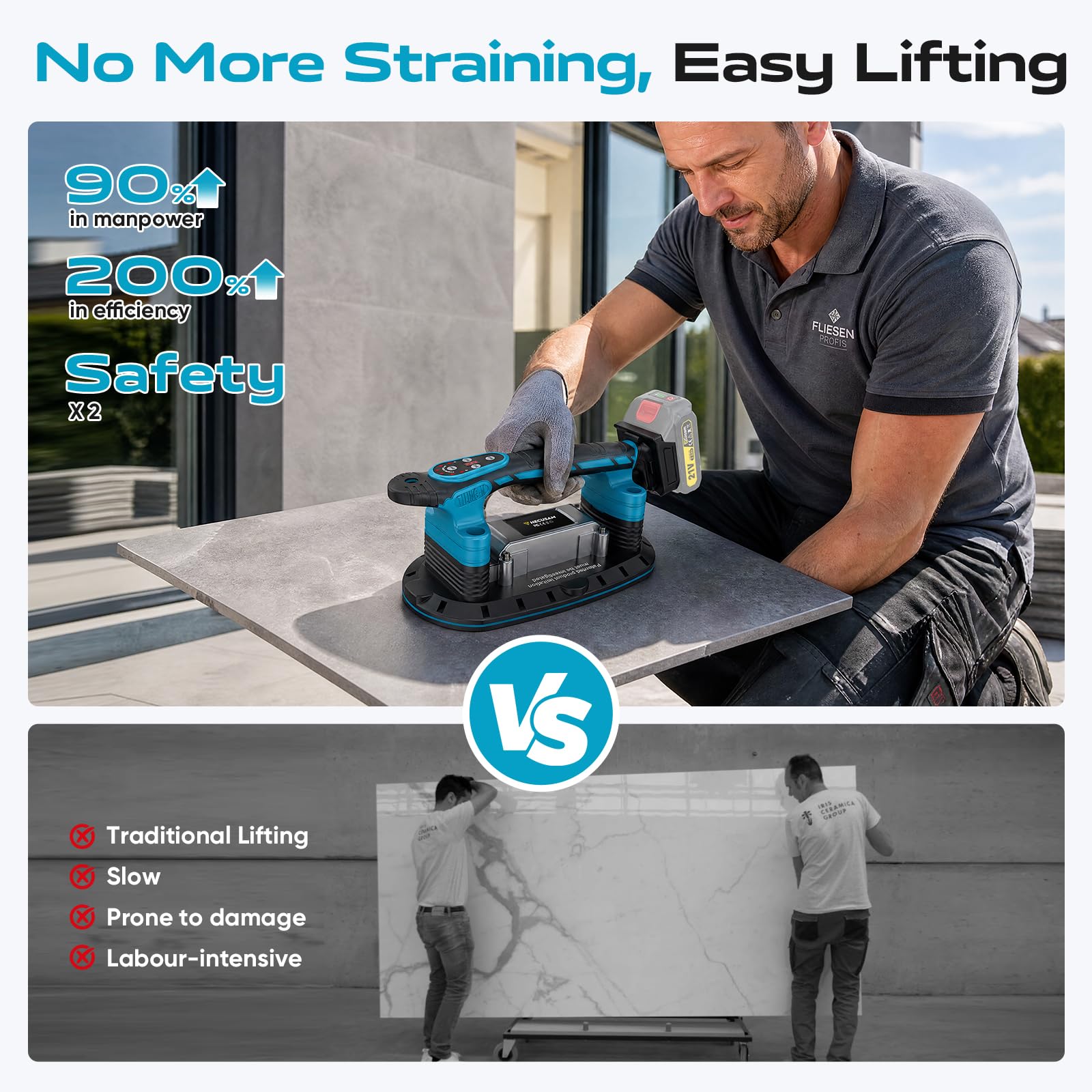Akku Saugheber Kompatibel mit Makita-Akkus, Tragkraft Max 500KG, 28.5cm Fliesenrüttler mit 9 Einstellstufen & LCD-Anzeige, für Fliesen/Glas/Marmor/Terrassenplatten(Ohne Batterie)