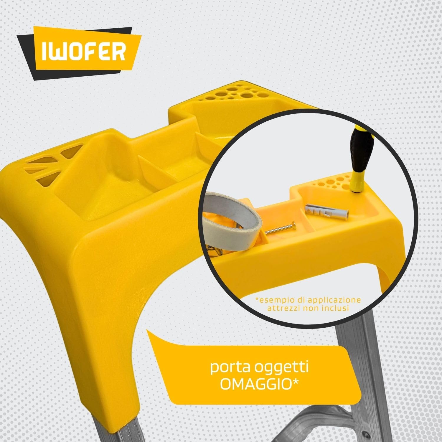 IWOFER Scala Domestica in Alluminio | Antiscivolo con Gradini da 80mm | con Portaoggetti e Blocco di sicurezza | Made in Italy (Giallo, 6)