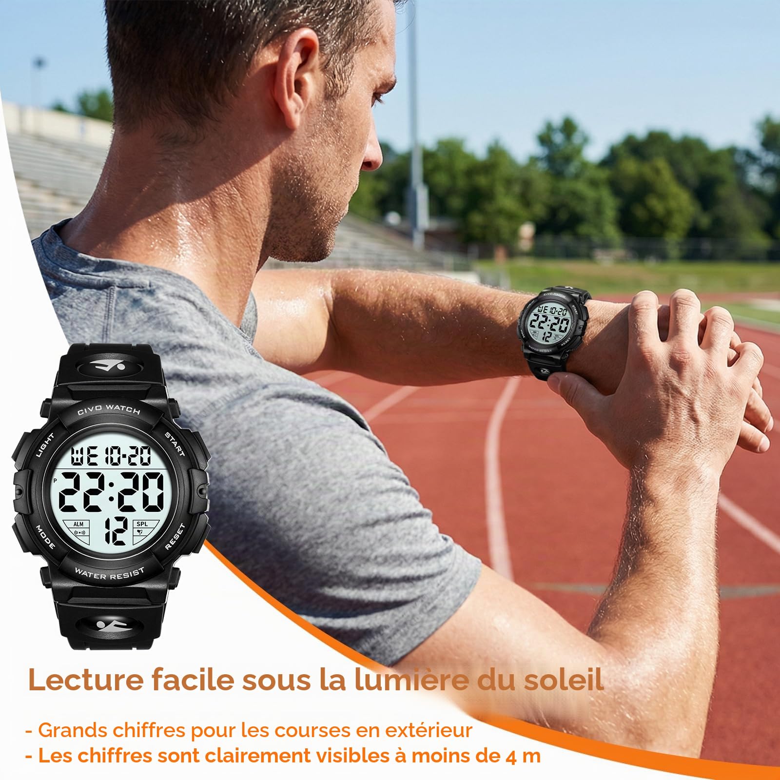 CIVO Montre Homme Sport Militaire étanche Montre Digitale Chronomètre Alarme Lumière LED Montres Bracelet Hommes Numerique Mode Grand Cadran