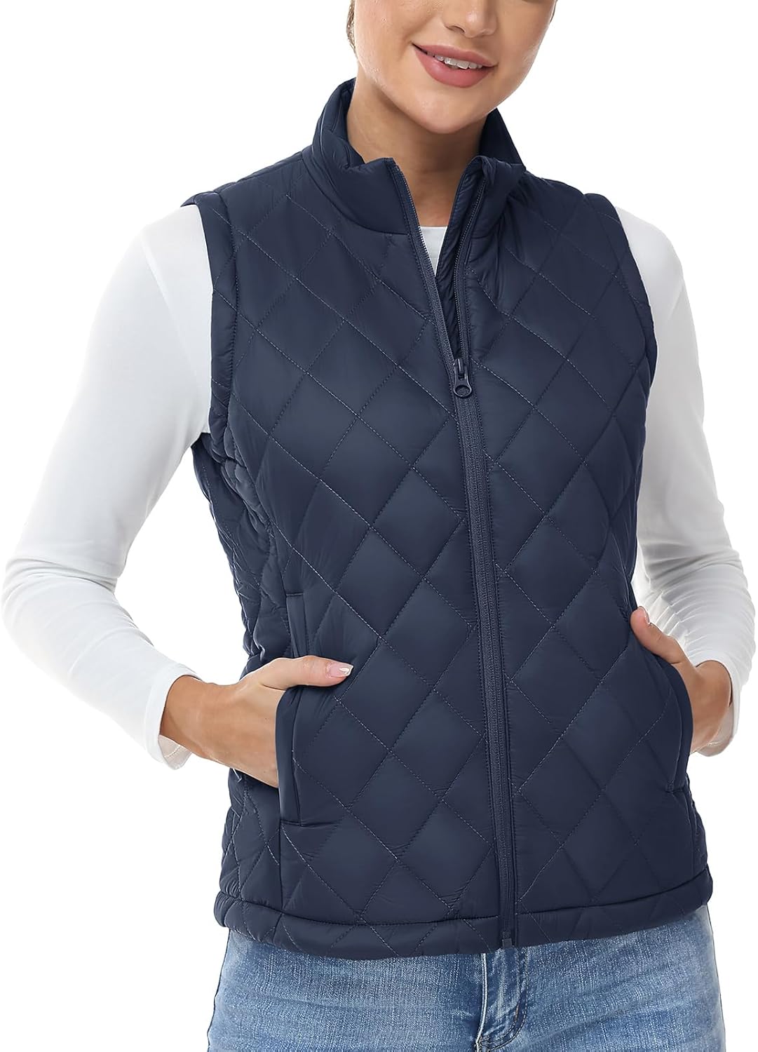 TBMPOY Women's Lightweight Quilted Vest Outerwear Puffer Sleeveless Jacket Windproof Winter Warm Stand Collar with 4 Pockets