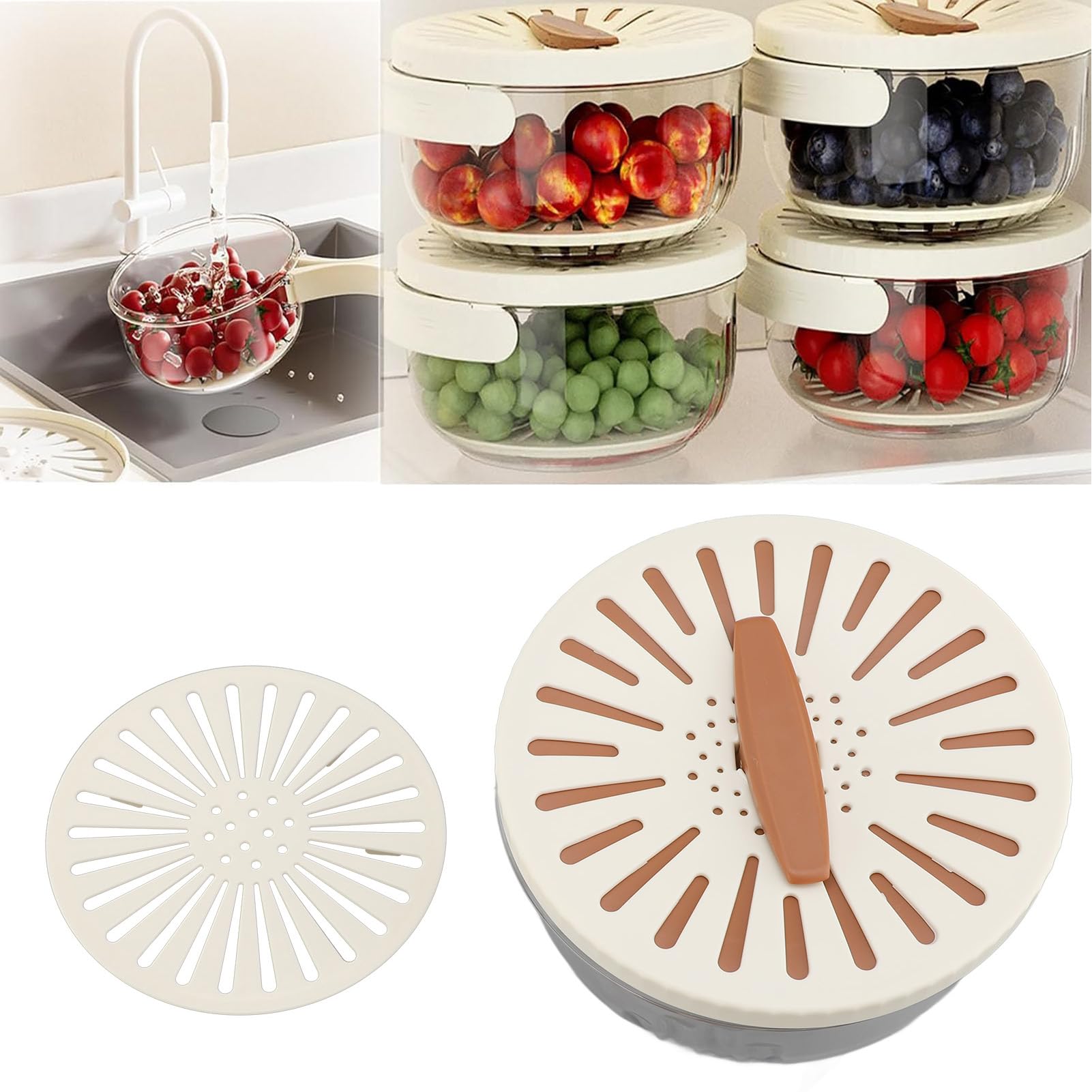 Multifunktionale Obst-Gemüse-Waschschüssel mit Abtropfkorb, PET und PP Material, Klappbarer Griff, Aufbewahrungsbox für Kühlschrank