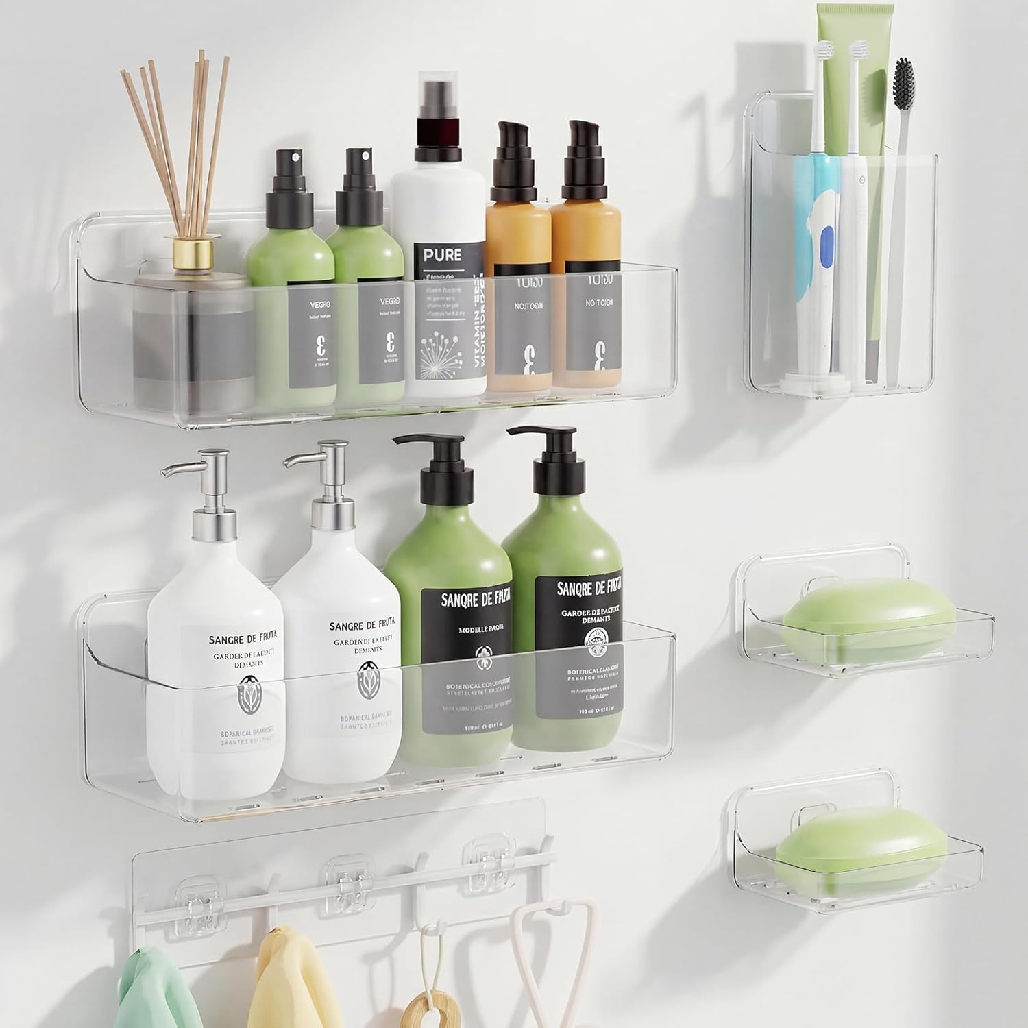 Adhesive Shower Caddy 6 Pack Rustproof Shower Shelves for Inside Shower No Drilling Bathroom Organizers and Storage & Home Décor & Kitchen Large Rack with Soap Holder Clear (clear)