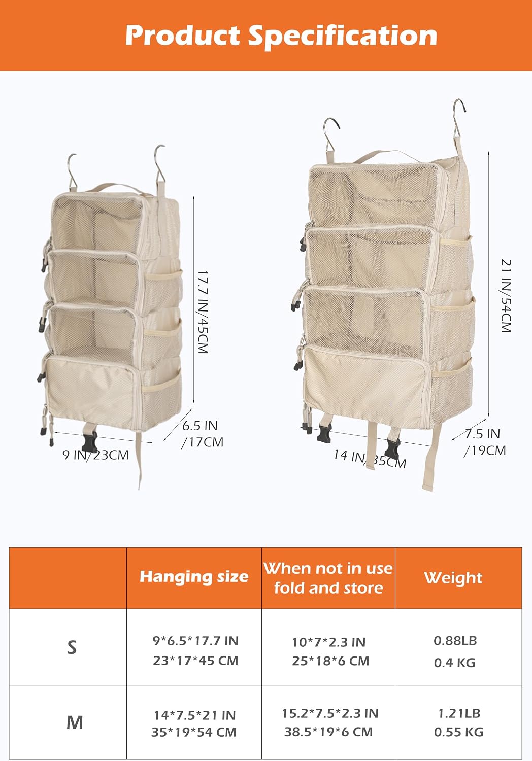 TABITORA Travel Luggage Organizer insert Hanging Packing Cubes for Suitcase Carry on Closet Hanging Shelves Folding (Beige, Medium)